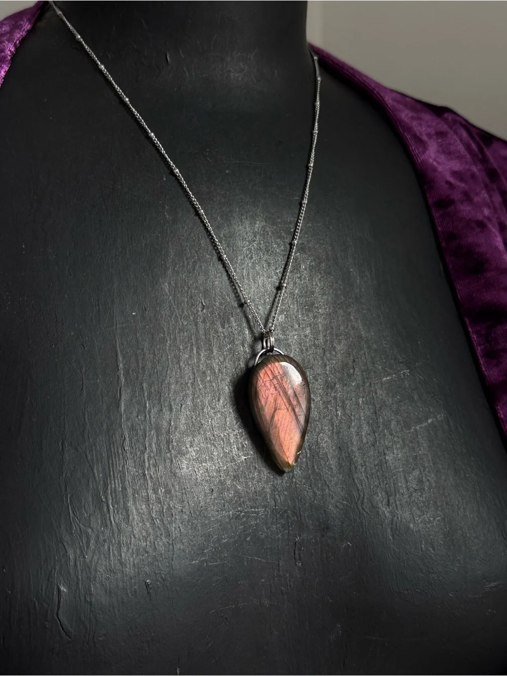 Labradorite Teardrop Pendant Necklace - Rose Flash natural  crystal jewelry